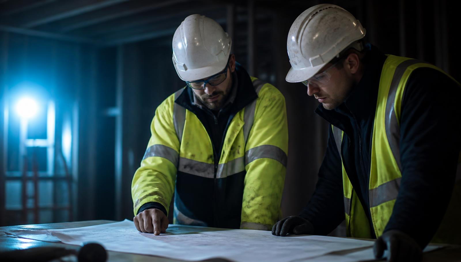 Two engineers in hi-vis reviewing construction drawings on site